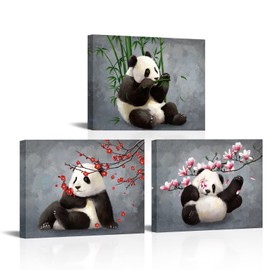 Saypeacher Panda Canvas Wall Art Panda Picture Prints with Flower Cute Animal Painting for Living Room Kids Room Bedroom Ideal Gift Artwork Framed