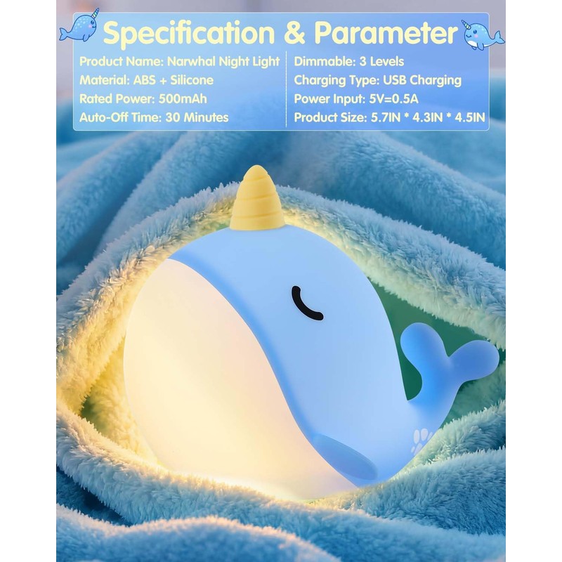Fuloon Narwhal Night Light with Whale Shape, Squishy Silicone Kids