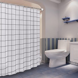 DEART White Grid Shower Curtain for Bathroom, 180 cm (L) x 150 cm (W) Fabric Shower Curtain Set Hat 12 Hooks, 100% Waterproof and Machine Washable, Easy to Clean