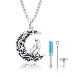 XIXLES Cat Urn Necklace for Ashes Memorial Cremation Jewellery for Ashes 925 Sterling Silver Moon and Cat Pet Urn Ash Pendant Necklaces Gifts for Women Men