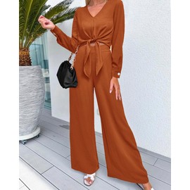 PRETTYGARDEN 2 Piece Outfits For Women Trendy Soft Cropped Tops Wide Leg Pant Sets Fall Matching Sets For Work Business(Solid Brown Orange,Medium)