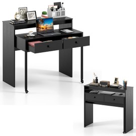 Giantex Small Computer Desk with Hutch & Drawers, Extendable Writing Desk w/Pull Out Secondary Table, Monitor Stand & Rolling Wheels, Console Table, Compact Desk for Small Spaces, Home Office (Black)