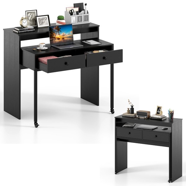 Giantex Small Computer Desk with Hutch & Drawers, Extendable Writing