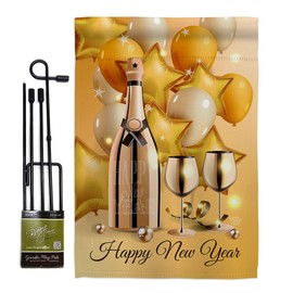 Ornament Collection New Year Golden Garden Flag Set with Stand Winter Clock Countdown Champagne Party Fireworks Celebrate Small Decorative Gift Yard House Banner Double-Sided Made in USA 13 X 18.5