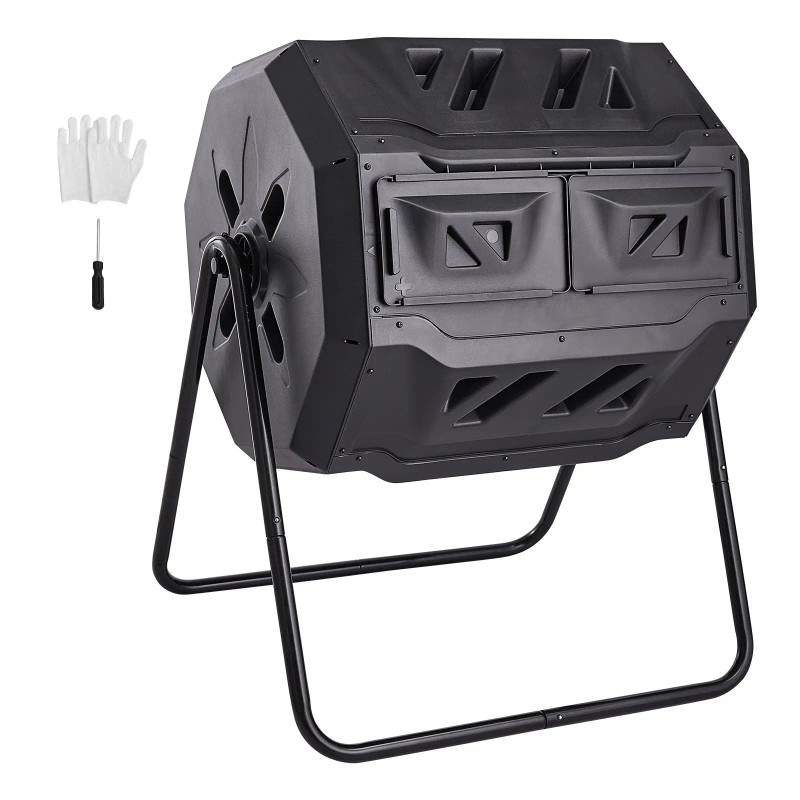 43-Gal Dual Chamber Composting Tumbler Large Tumbling Rotating Steel Frame