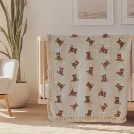 Little Jump Cotton Muslin Swaddle Blankets with Tassel, Boho Bohimia Muslin Baby Blanket Neutral with Fringe, Vintage Teddy Bear Nursery Decor Muslin Throw Blanket 47" x40" (Teddy Bears)