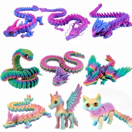 9PCS 3D Printed Animals,12in Flexible 3D Printed Animals Dragon Cat Snake Horse Stuff,Flexible Articulated Animals for Adults Home,Office,Party Supplies,Classroom Rewards & Desk Decor (Color 1)