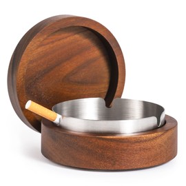 DDAJJAJ Wooden Ashtray with Lid for Smokers Stainless Steel Liner Ash Tray Windproof Durable Easy to Clean Cool Ashtrays for Indoor or Outdoor Use, Patio, Office & Home (Brown)