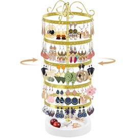 FODIENS 5 Tiers Rotating Earring Holder Organizer, Adjustable Metal Earring Display Stand with Wooden Tray, 220 Holes Earring Tree Storage Tower Rack for Women Girls (Gold)
