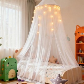 Wnqou Princess White Bed Canopy with Lights for Girls Bed Net,Princess Canopy for Kids Bed Room Decor (White+Lights)