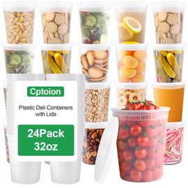 Cptoion 32oz Plastic Deli Containers with Lids,Plastic Freezer Food Storage Containers,Leakproof Soup Container with Airtight Lids for Soup,Home,32 Oz Resuable Deli Containers,24 Set