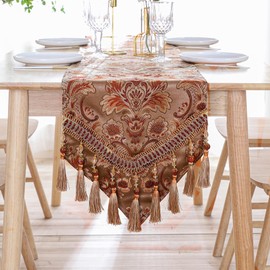 Luxury Vintage Table Runner Embroidery Jacquard Fabric with Multi-Tassels Table Runners for Dining Room Dresser Wedding Holiday Party Fireplace Decorations-Coffee, 13x98 inch