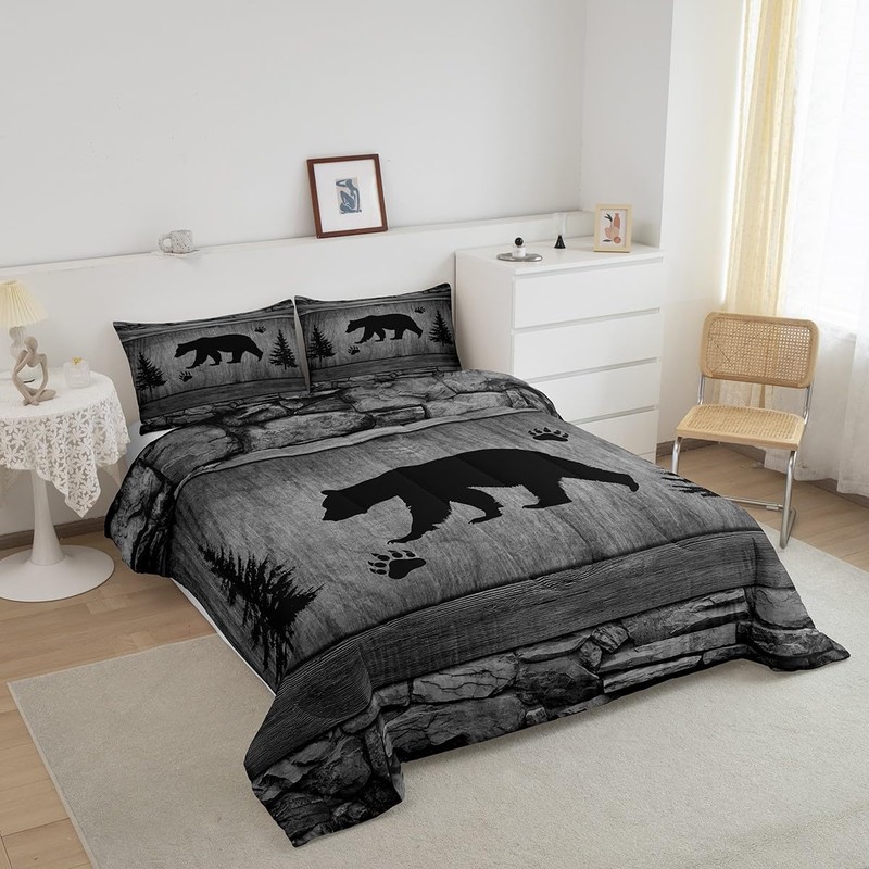 Manfei Rustic Bear Comforter Set Queen Size, Black Trees Deer