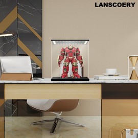 LANSCOERY Clear Acrylic Display Case with Light, Assemble Vertical Display Box Stand with Black Base, Dustproof Protection Showcase for Collectibles Memorabilia Figurines (6x6x7.9inch; 15x15x20cm)