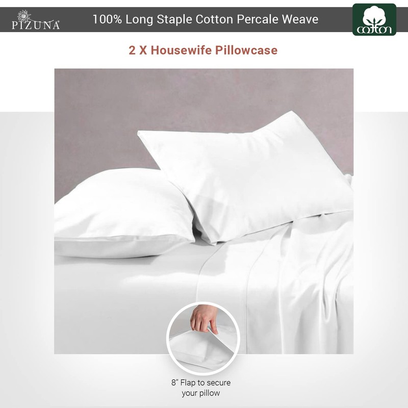 Pizuna Cotton Percale Housewife Pillowcases 2 Pack White 48x74cm, 100%