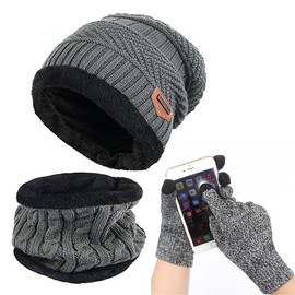 Affei Winter Beanie Hat Scarf Set Warm Knit Hat Thick Knit Skull Cap Touch Screen Glove Unisex Gray