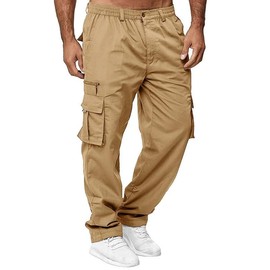 THWEI Mens Cargo Pants Casual Cotton Jogger Multi Pockets Outdoor Hiking Work Sweatpants Khaki M