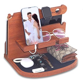 Krismax Wood Phone Docking Station for Men, Husband, Dad.-Nightstand & Desk Organizer-Anniversary Idea from Wife-Wallet, Key Holder,Watch & Essentials