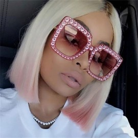 ADE WU Oversized Square Rhinestone Sunglasses Retro Big Vintage Sun Glasses Pink Frame Pink Lens