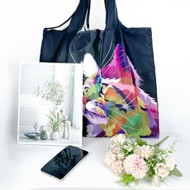 [Thayaki] Folding Eco Bag - Lightweight, Durable, Eco Bag Large Capacity, Eco-friendly, Stylish Design (W x H x H): 19.7 x 15.7 inches (50 x 40 cm), black cat