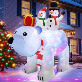 AMENON 6 Ft Christmas Inflatable Snowman on Polar Bear with Gift Box Build-in Rotating Colorful Magic Lights Christmas Outdoor Decorations Blow Up Yard Decor Holiday Indoor Garden Decor