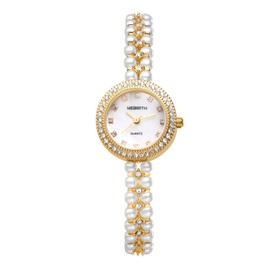 Lancardo Luxury Women Bracelet Watch: Bling Gold Tone Quartz Rhinestone Pearl Case Detachable Strap Lady Dress Watch
