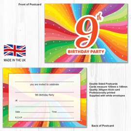 Olivia Samuel 20 x 9th Birthday Party Invitations. Children's Bright Unisex Style. Multipack of 20 Invites with Envelopes