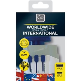 Go Travel Worldwide Adapter + USB-A & USB-C, Universal Travel Adapter for Small Electrical Devices, Earthed Plug Adapter with Twin USB Ports, Travel Essentials for Global Travel