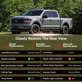 Marretoo for Ford F150 Right Passenger Side Door Mirror replacement for 2021-2025 F-150 Accessories 9 Pins Power Glass Temperature Sensor Heated Blind Spot Monitoring ML3Z17682VA RH