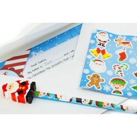 Henbrandt Christmas Letter to Santa Claus 5 Piece Activity Pack for Kids Xmas Writing Set with Sticker Sheet and Pencil with Eraser Christmas Card Stocking Fillers Father Present Wish List
