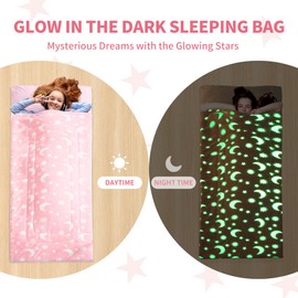 HOMBYS Glow in the Dark Sleeping Bags for 10~12 Years Old Kids, 84"x30" Soft Kids Nap Mat with Pillow and Blanket for Daycare School, Pink Travel Sleep Bag for Childern Girls Boys Truck Travel Camping