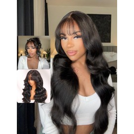 Nadula 7x5 Bye Bye Knots Curtain Bangs Wig Glueless Pre Everything Loose Wave Wigs Human Hair Pre Plucked Pre Cut Invisible Bleached Knots Ready to Wear Wig Natural Black Color 180% Density 20inch
