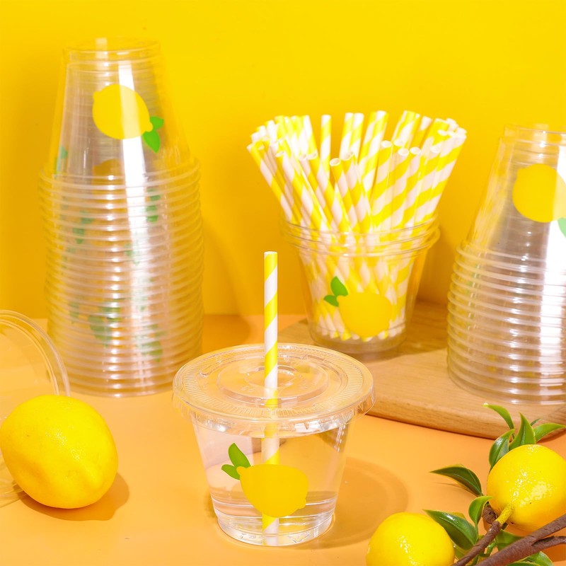 Whaline 100Pcs Lemon Disposable Plastic Cups with Lids and Straws