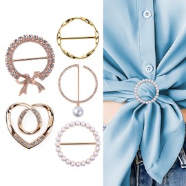 5PCS Scarf Ring Clip T-shirt Tie Clips Assorted Fashion Metal Pearl Buckle Corner Knotted Button for Women Silk Scarves Clothing Waist Cinch Wrap Holder Accessories, Gold