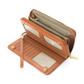 GOIACII Wallet for Women RFID ladies Credit Card Wallet Bifold Travel Wristlet Long Purse Embossed Flowers Leather Brown