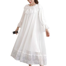 OKSakady Women's Girls Long Sleeve Lace Sleeping Dress Princess Style Gauze Nightdress Night Dress - m