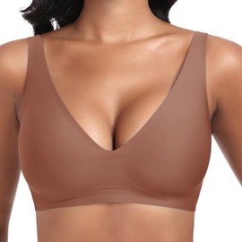 Jiuday Deep V Push Up Bra without Underwire for Women Comfortable Bra for Large Breasts Strong Hold Seamless Soft Bra Non-Wired Padded Seamless Smooth Bralette, brown, XL