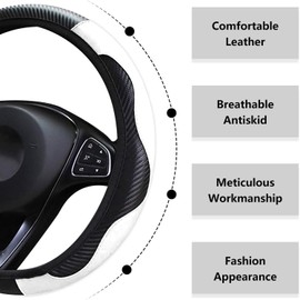 LMYDIDO Car Steering Wheel Cover Leather, Anti-slip Breathable Carbon Fiber Sports Elastic Band Without Inner Ring Steering Wheel Cover Universal Size 37-39cm /14.5-15 (White)