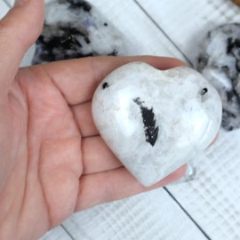 Shelf & Stone Rainbow Moonstone Crystal Heart Stone, a Bold Stone of Courage, Truth, and Inspiration. Heart Carved Stone Stone. Approx. 2.8"w x 2.6"t x 1" Thick