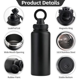 Insulated Water Bottle, 32 oz, Stainless Steel, HEAVY DUTY Double Wall Vacuum Water Bottle with Magnetic Phone Holder Lid (White)