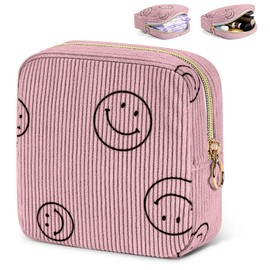 SIDESUGAR Period Bag for Teen Girls - Shark Week Pouch - Corduroy Portable Sanitary Pad Bags - Holds 6-10 Pads - Pink