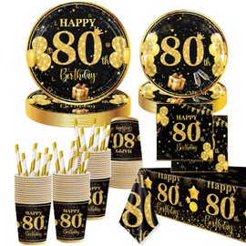 80th Birthday Party Supplies, 85PCS Black and Gold 9in 7in 80th Birthday Party Plates Napkins Cups Straws Tablecloth 80th Birthday Party Tableware for 16 Guests 80th Birthday Party Decorations