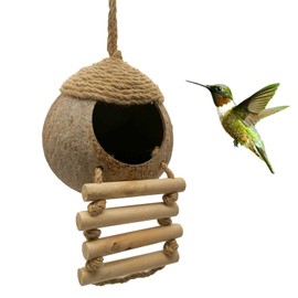 Coconut Bird Nest Hut with Ladder for Parrots, Parakeets, Conures, Cockatiel - Small Pet Cage Habitat Decor