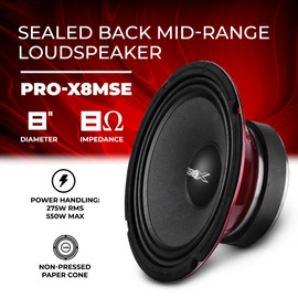 DS18 PRO-X8MSE Loudspeaker - 8", Midrange, Sealed Basket, 550W Max, 275W RMS, 8 Ohms - Premium Quality Audio Door Speakers for Car or Truck Stereo Sound System (1 Speaker)