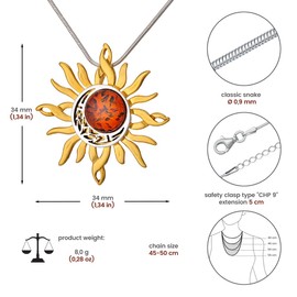 AMBEDORA Women's Necklace with Amber, Gold Plated Sterling Silver, Round Baltic Amber, Gold Plated Celtic Sun and Moon Pendant with Chain