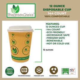 BioGreenChoice 12 oz. Compostable Eco-friendly Biodegradable Hot Cup with Bio Lining[144 Count], Ripple Wall Insulated Disposable Coffee cups(No sleeves needed), Leak-Proof & Microwave Safe Paper cups
