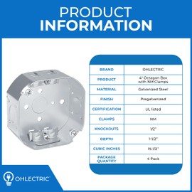 OHLECTRIC 4” Welded Octagon Steel Electrical Box (4 Pack)| 1-1/2" Deep Box with 1/2” Knockouts and NM Clamps, Fire Rated | Ideal for Lighting Fixtures, Switches and Receptacles