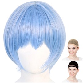 CaseEden WIG6080 Cosplay Wig, Full Wig, Heat Resistant, Short, Center Parting, Light Blue, Light Blue