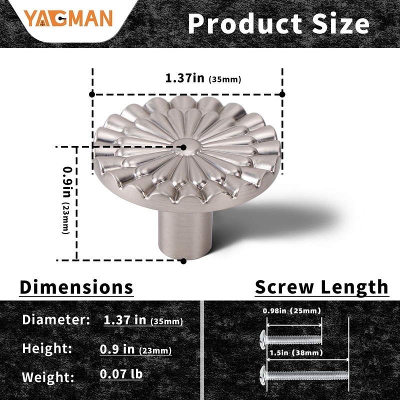 Yagman Brushed Nickel Cabinet Knobs 10 Pack Round Sunflower Dresser