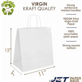 JET PAPER BAGS - 11”x7”x12” [50 Pcs] White Paper Bags with Handles Prime for Takeout, Grocery, Goody, Retail, Party, Gifts, Weddings - Recyclable Kraft Paper Gift Bags with Handles
